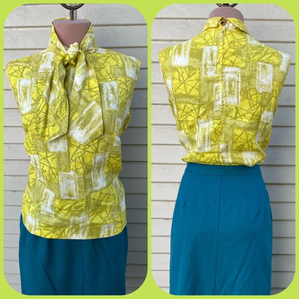 60’s VINTAGE Yellow Pattern Crepe Tank Top Blouse with Puss y Bow Necktie